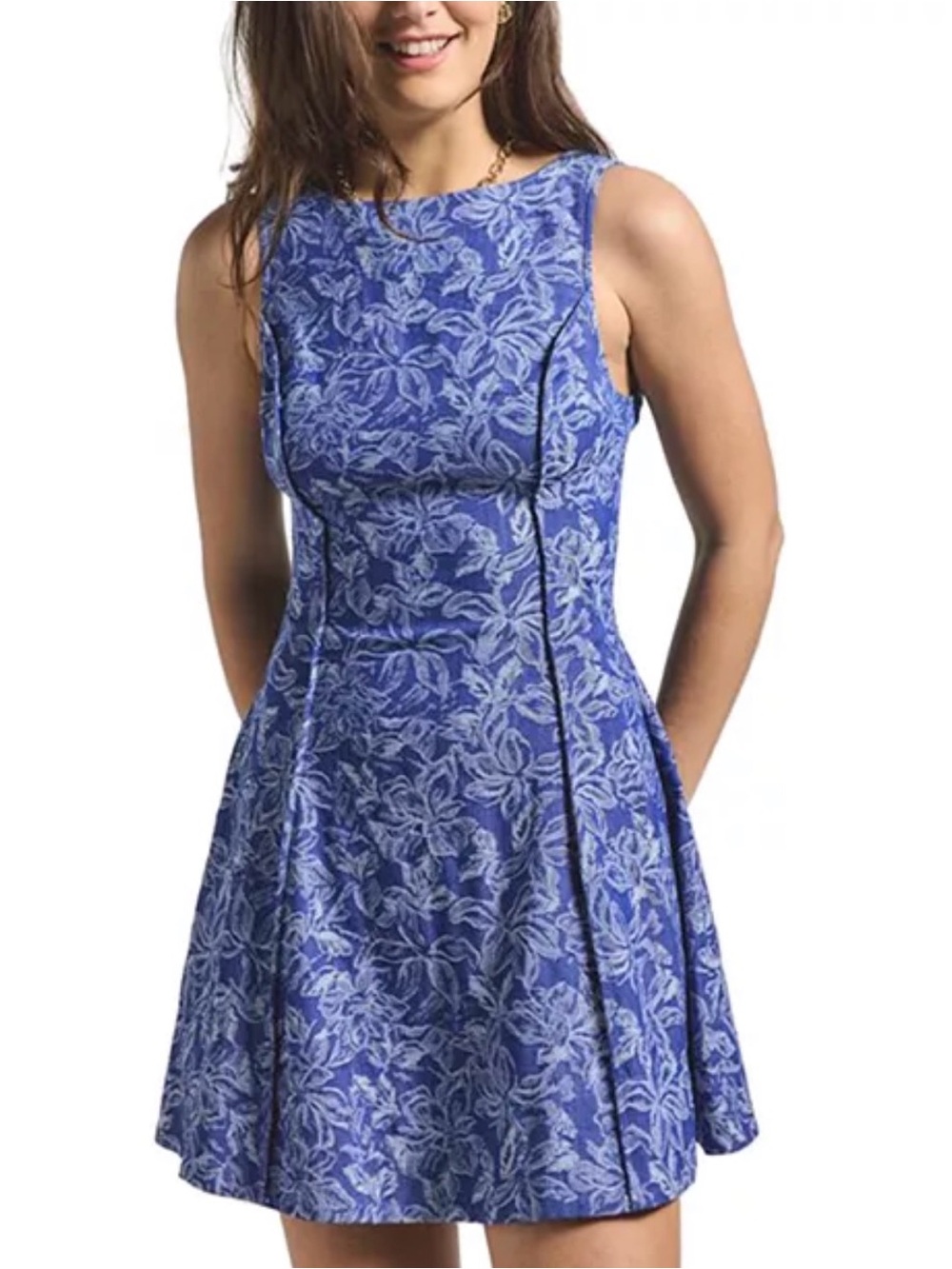 Derek Lam cayman high neck dress Blue Floral Fit-and-Flare Mini Dress